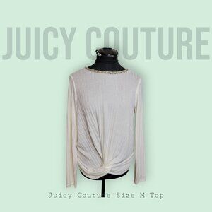 Juicy Couture White Long Sleeve Top with Embellished Neckline & Twist Front